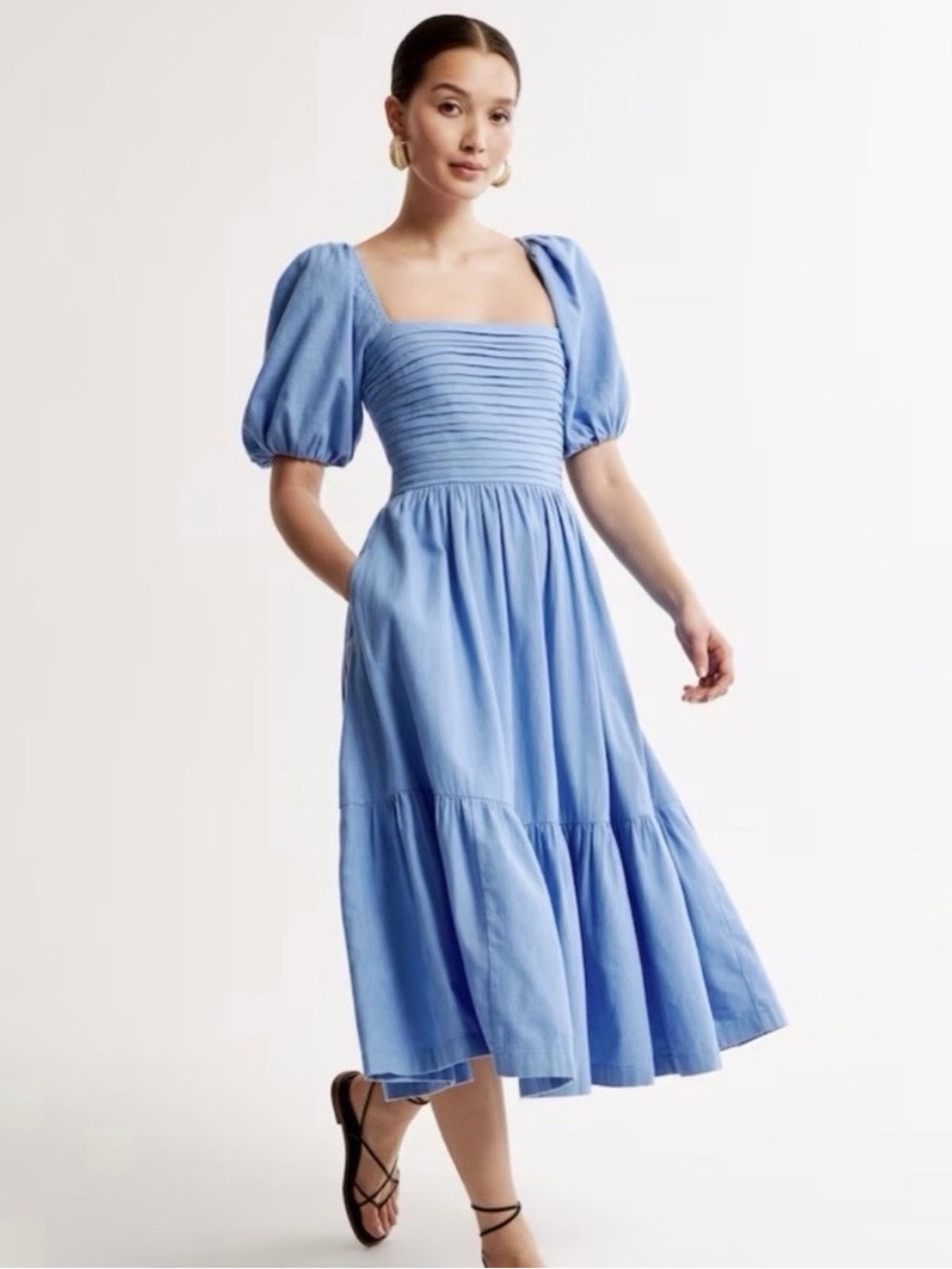 Abercrombie & Fitch Light Blue Puff-Sleeve Smocked Midi Dress